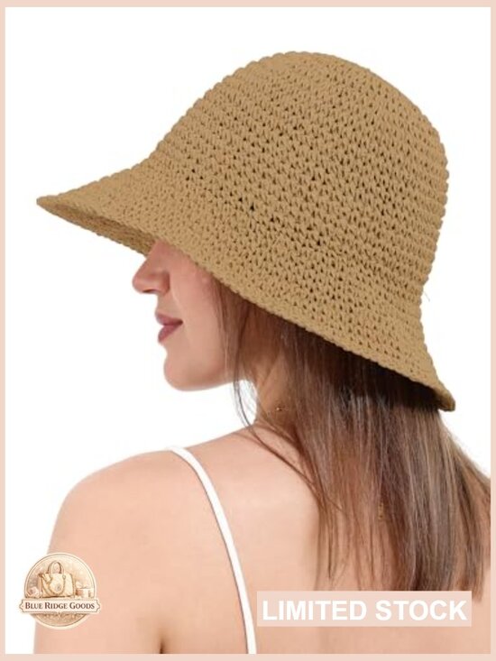 Woven Crochet Straw Bucket Hat Handmade Sun Protection Travel Accessory